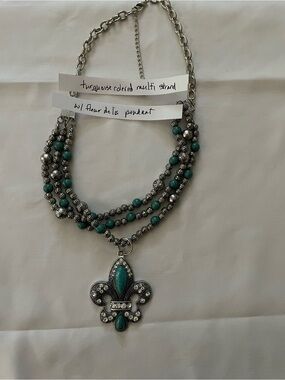 Turquoise Multi-Strand Fleur-de-Lis Pendant Necklace - Unbranded